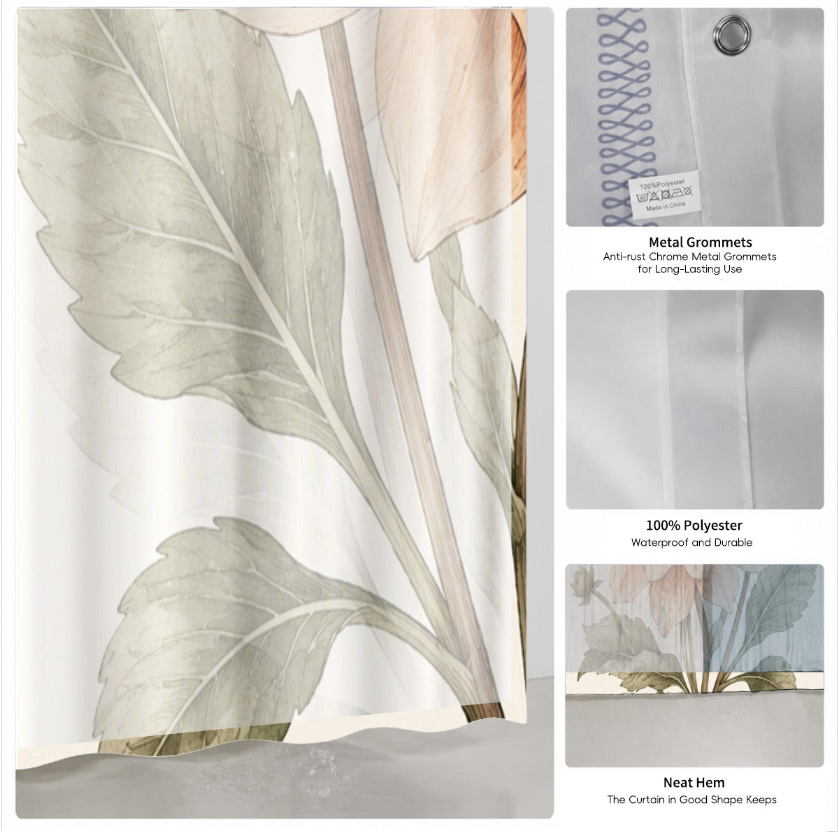Vintage Botanical Floral Shower Curtain Boho Watercolor Decor