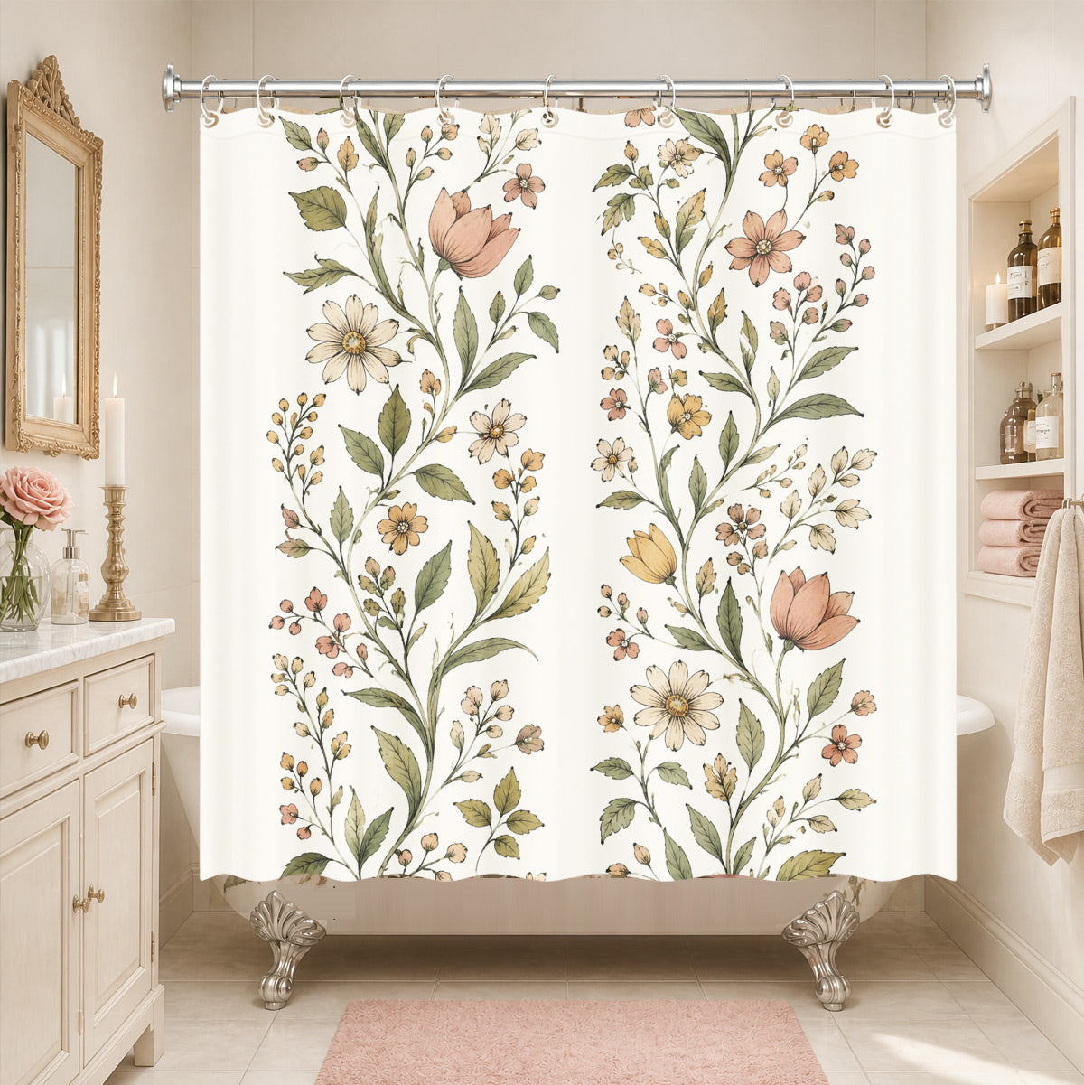 Vintage Botanical Floral Shower Curtain Boho Watercolor Decor