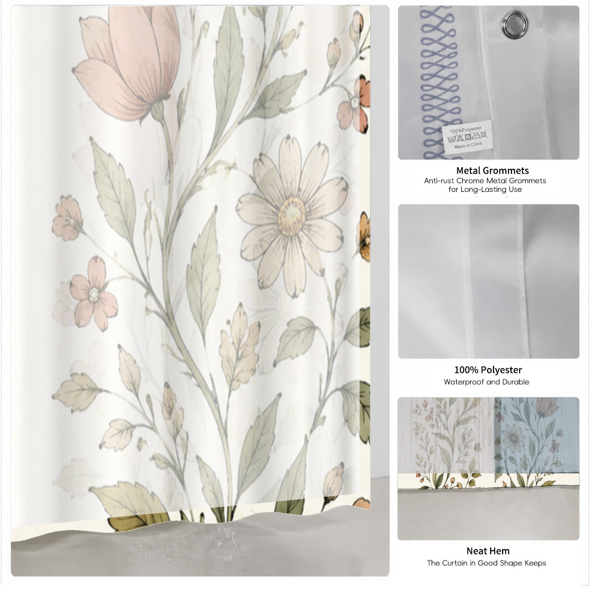 Vintage Botanical Floral Shower Curtain Boho Watercolor Decor