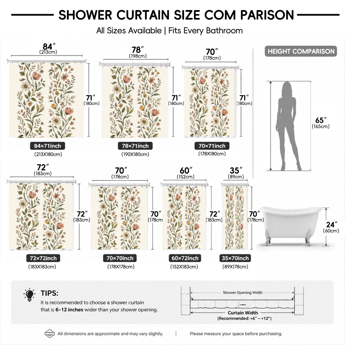 Vintage Botanical Floral Shower Curtain Boho Watercolor Decor