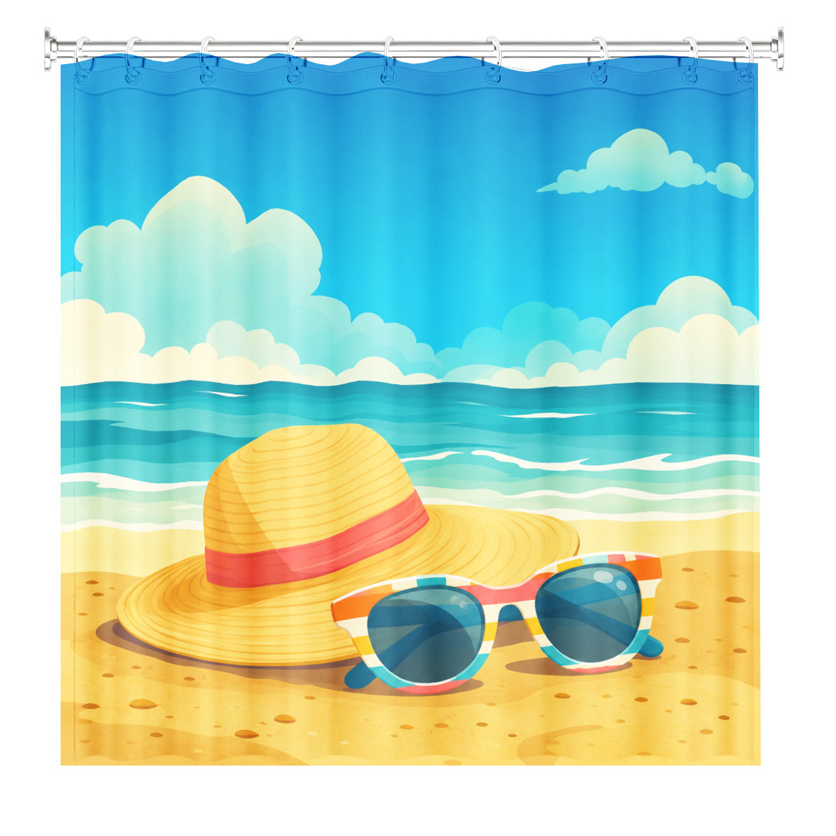 Summer Beach Shower Curtain Tropical Vacation Fun Waterproof Bath Decor
