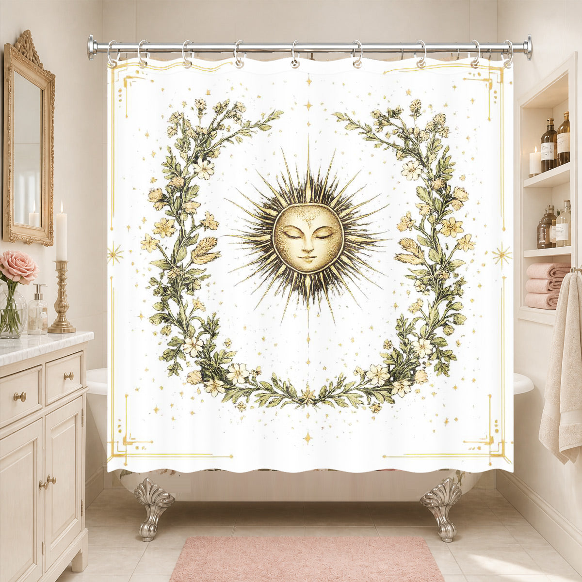 Vintage Celestial Sun Moon Shower Curtain Etched Art Waterproof Home Decor Gift
