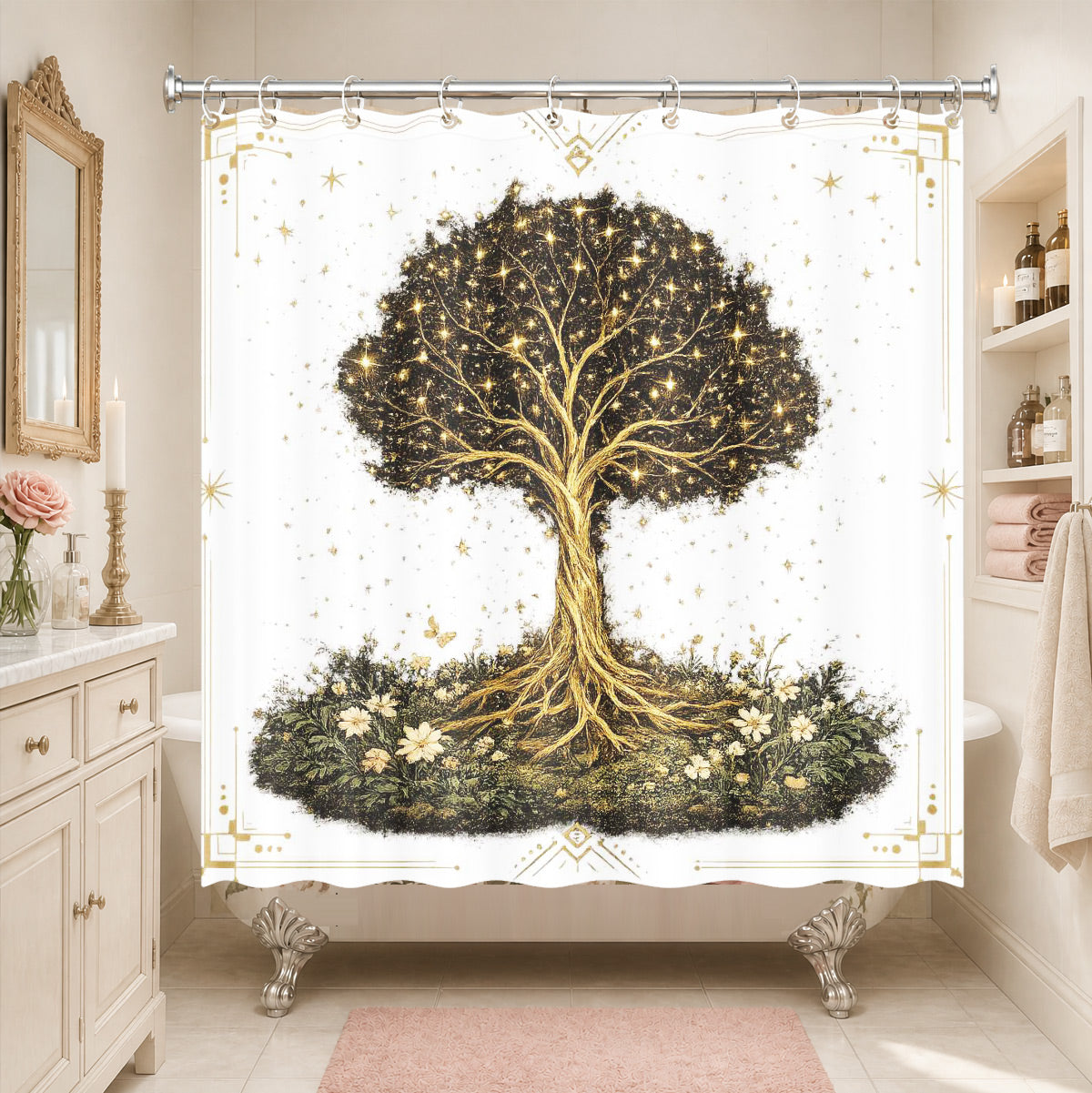 Vintage Celestial Sun Moon Shower Curtain Etched Art Waterproof Home Decor Gift
