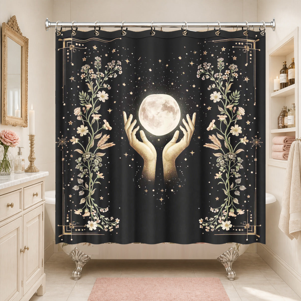 Vintage Celestial Sun Moon Shower Curtain Etched Art Waterproof Home Decor Gift