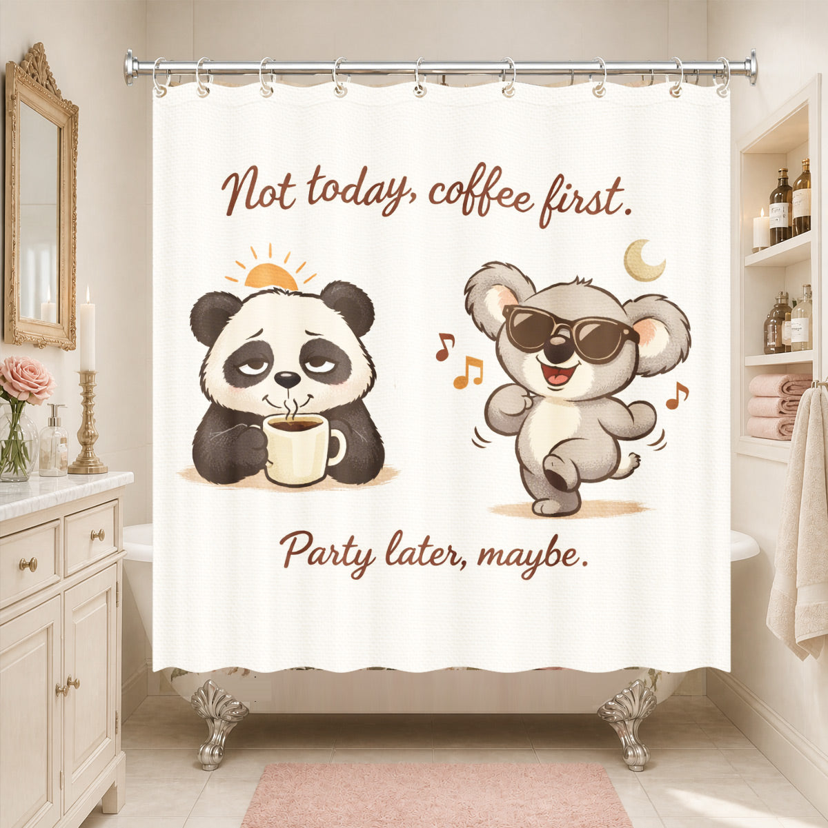 Vintage Coffee Lazy Animal Shower Curtain Cute Waterproof Bathroom Decor Gift