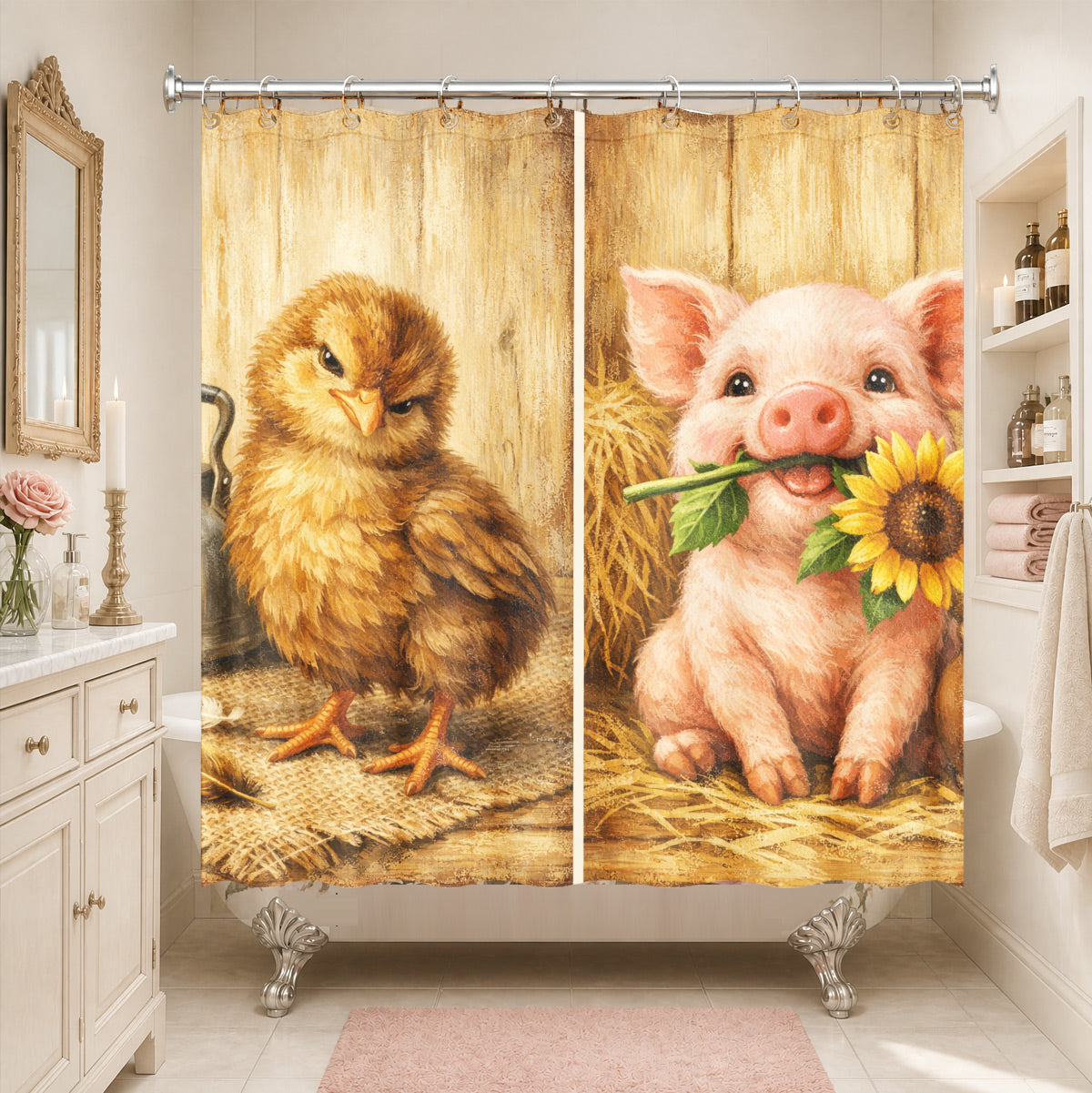 Rustic Farm Animal Shower Curtain Vintage Oil Painting Style Waterproof Bathroom Decor