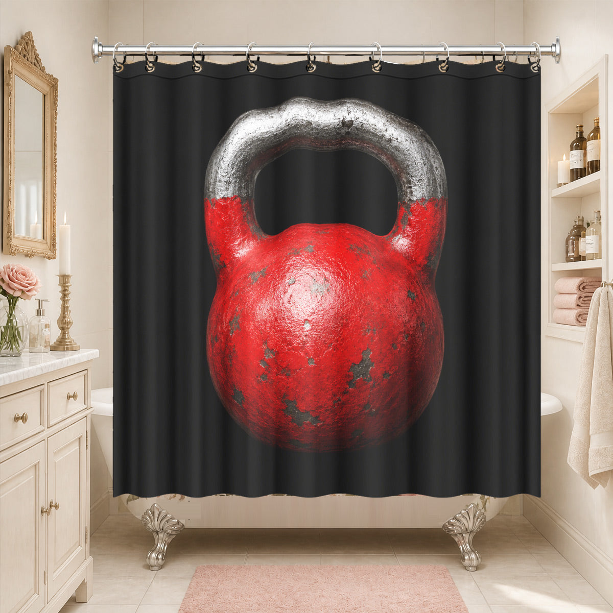 Vintage Gym Equipment Shower Curtain Red Black Waterproof Home Gym Decor