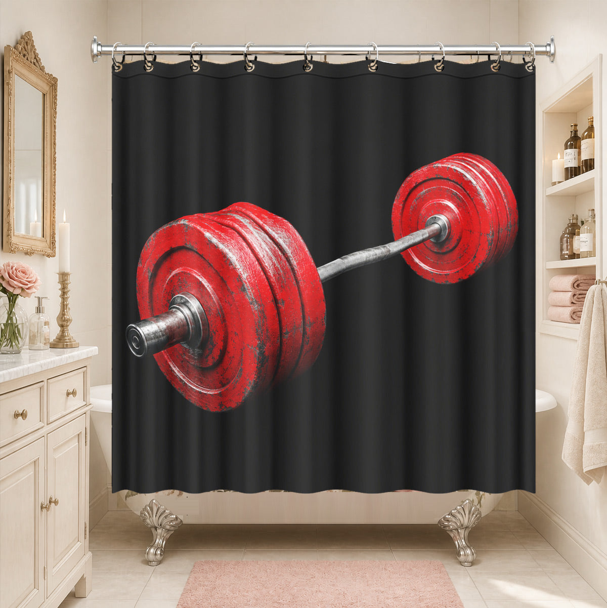 Vintage Gym Equipment Shower Curtain Red Black Waterproof Home Gym Decor