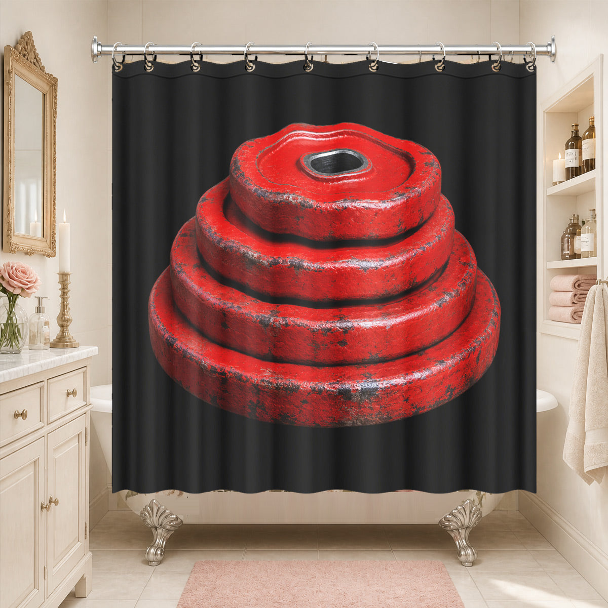 Vintage Gym Equipment Shower Curtain Red Black Waterproof Home Gym Decor