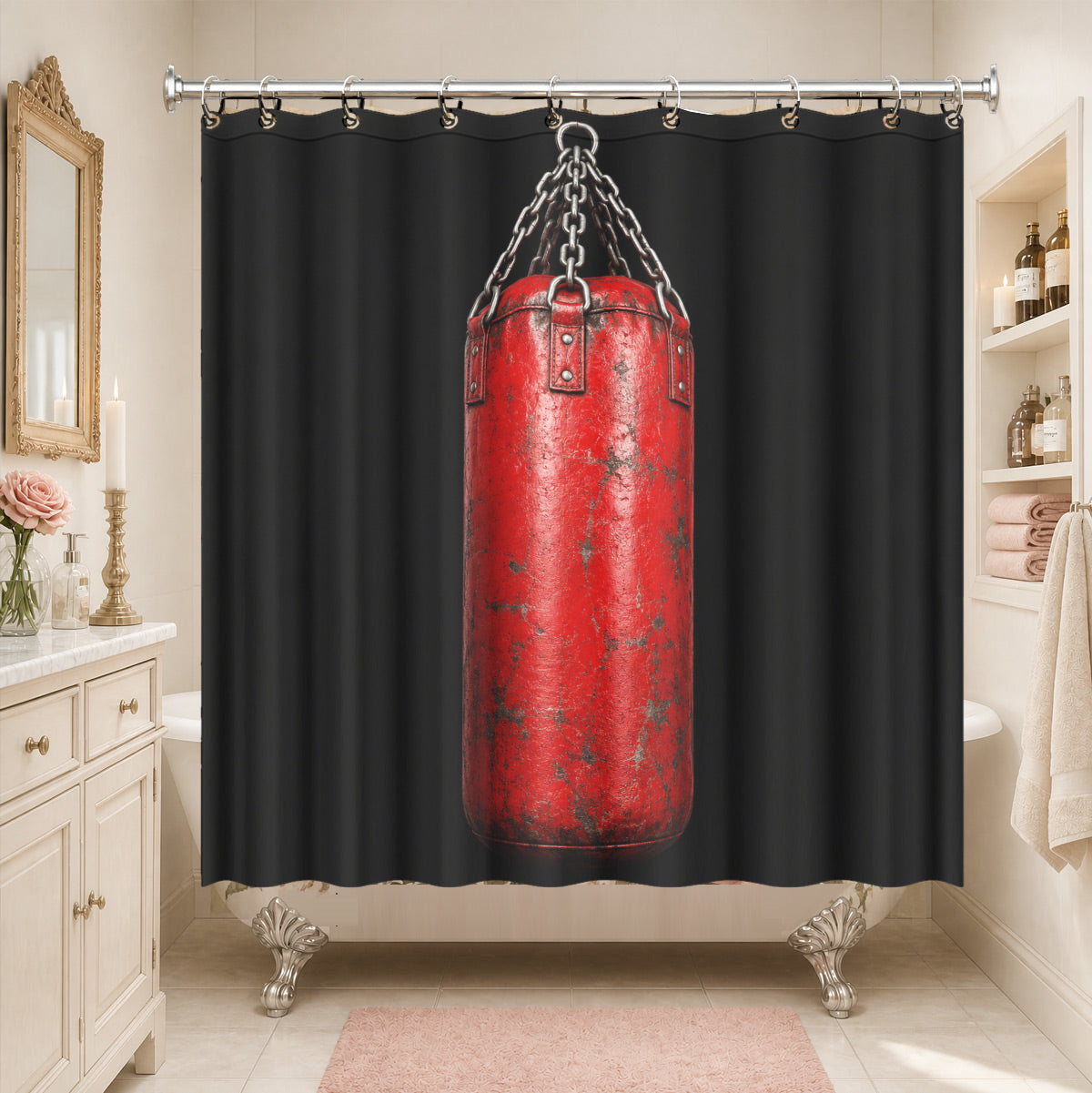 Vintage Gym Equipment Shower Curtain Red Black Waterproof Home Gym Decor