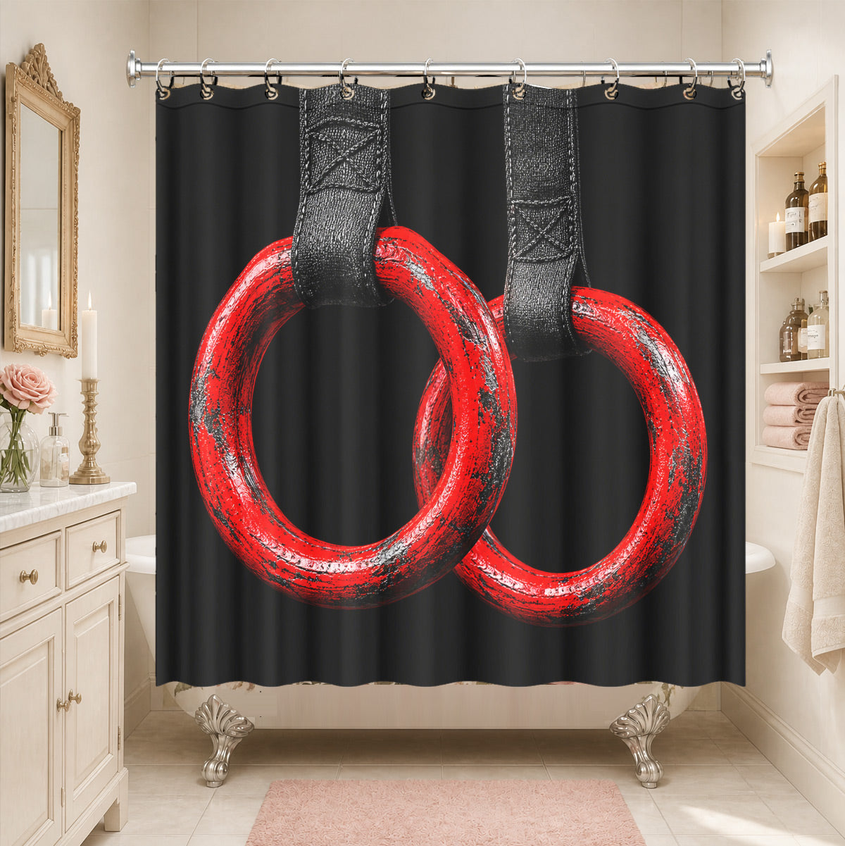 Vintage Gym Equipment Shower Curtain Red Black Waterproof Home Gym Decor