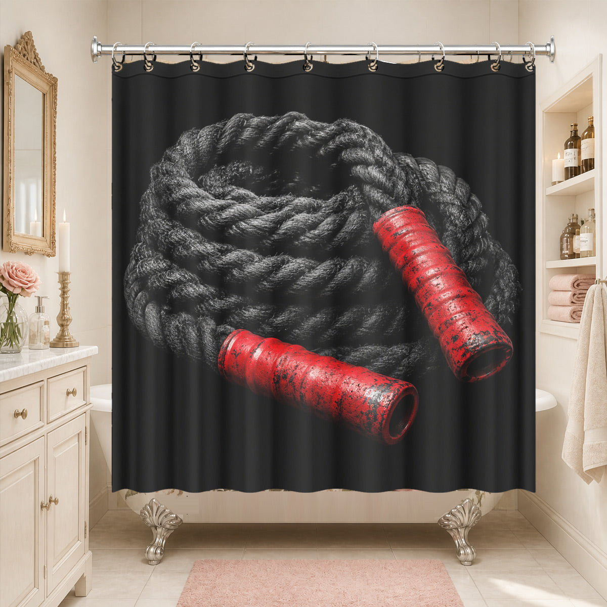 Vintage Gym Equipment Shower Curtain Red Black Waterproof Home Gym Decor
