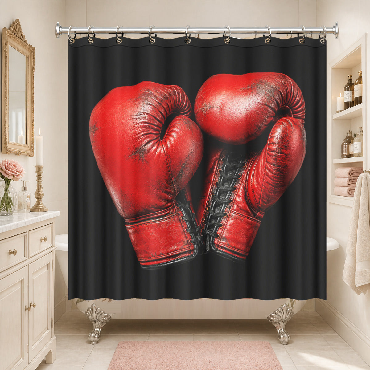 Vintage Gym Equipment Shower Curtain Red Black Waterproof Home Gym Decor