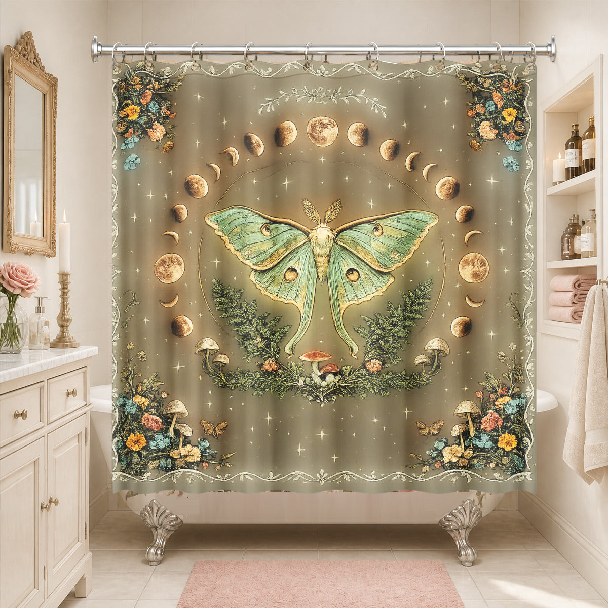 Vintage Etched Celestial Shower Curtain Mystical Botanical Waterproof Home Decor