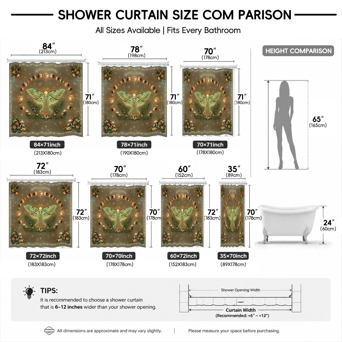 Vintage Etched Celestial Shower Curtain Mystical Botanical Waterproof Home Decor