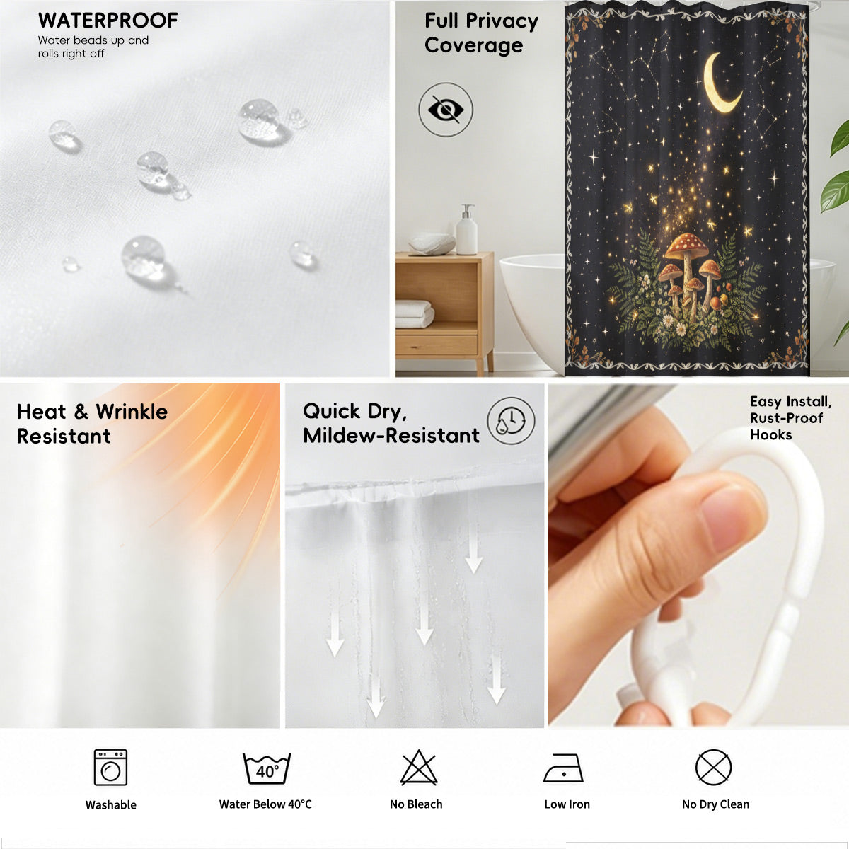 Vintage Etched Celestial Shower Curtain Mystical Botanical Waterproof Home Decor