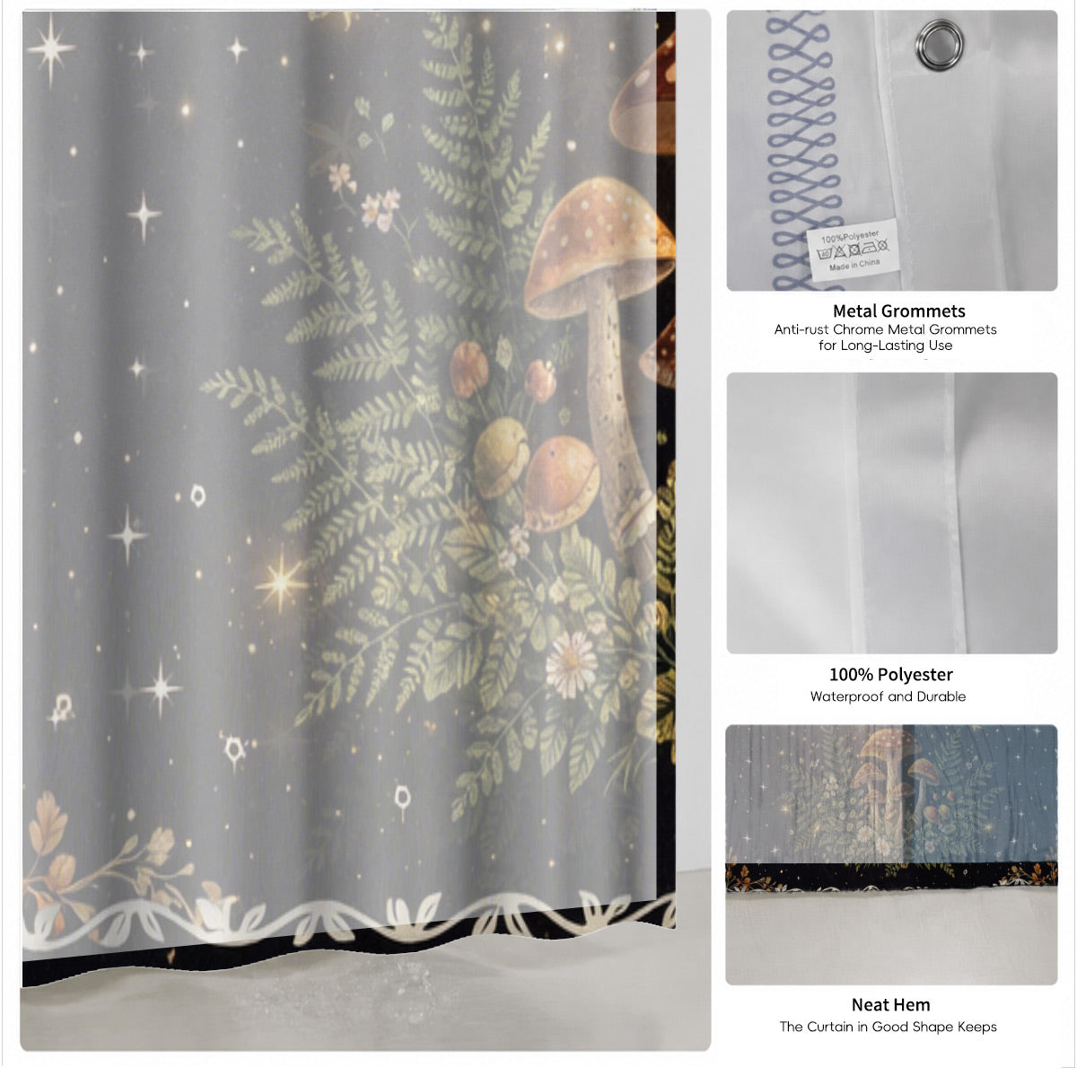 Vintage Etched Celestial Shower Curtain Mystical Botanical Waterproof Home Decor