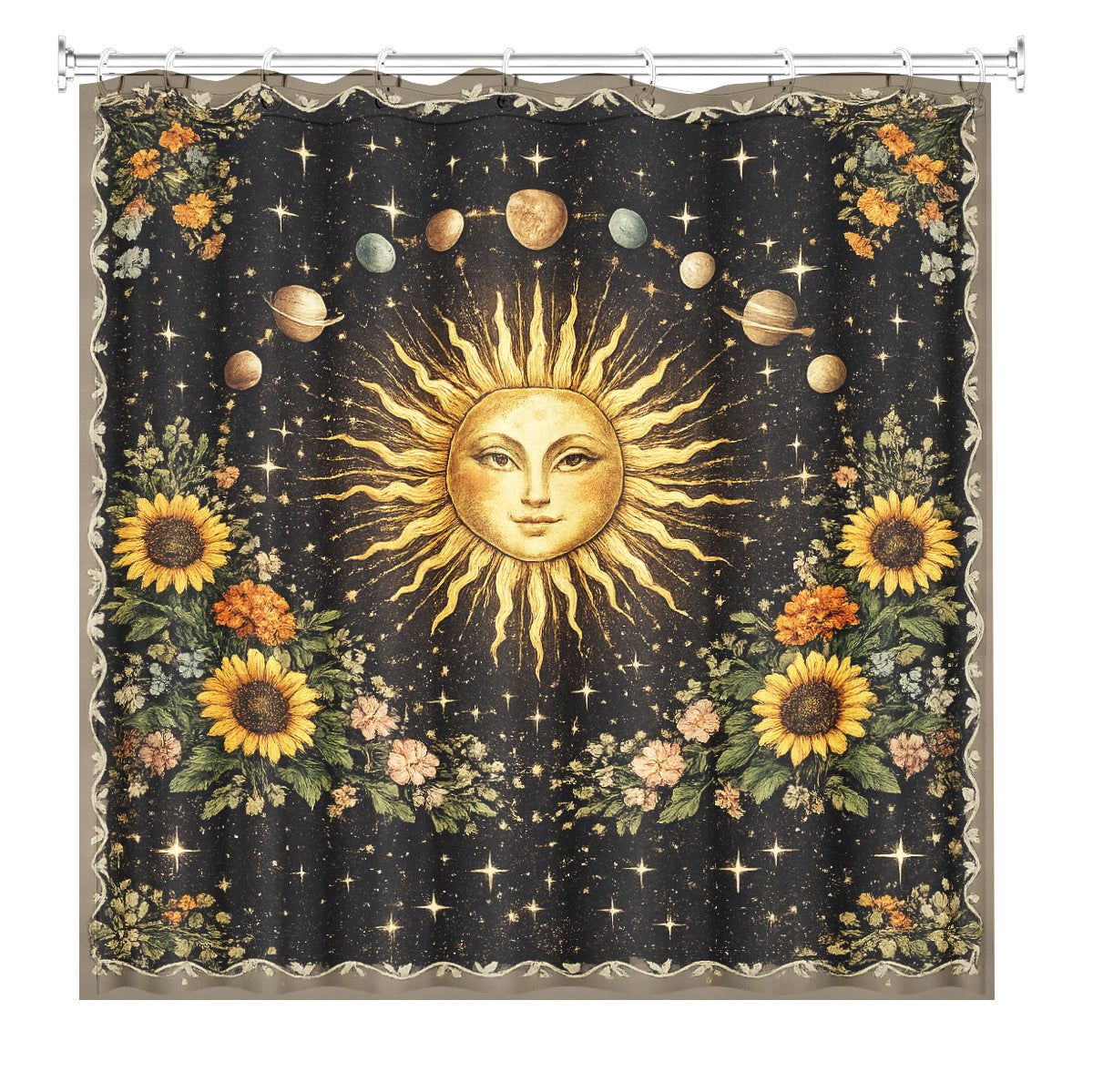 Vintage Etched Celestial Shower Curtain Mystical Botanical Waterproof Home Decor