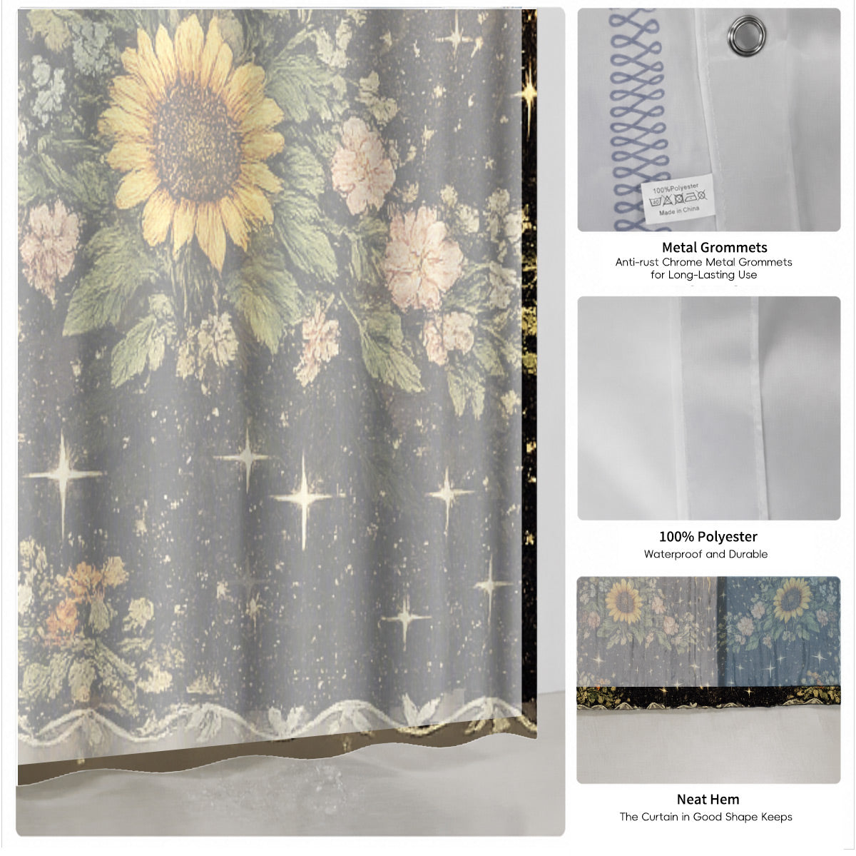 Vintage Etched Celestial Shower Curtain Mystical Botanical Waterproof Home Decor