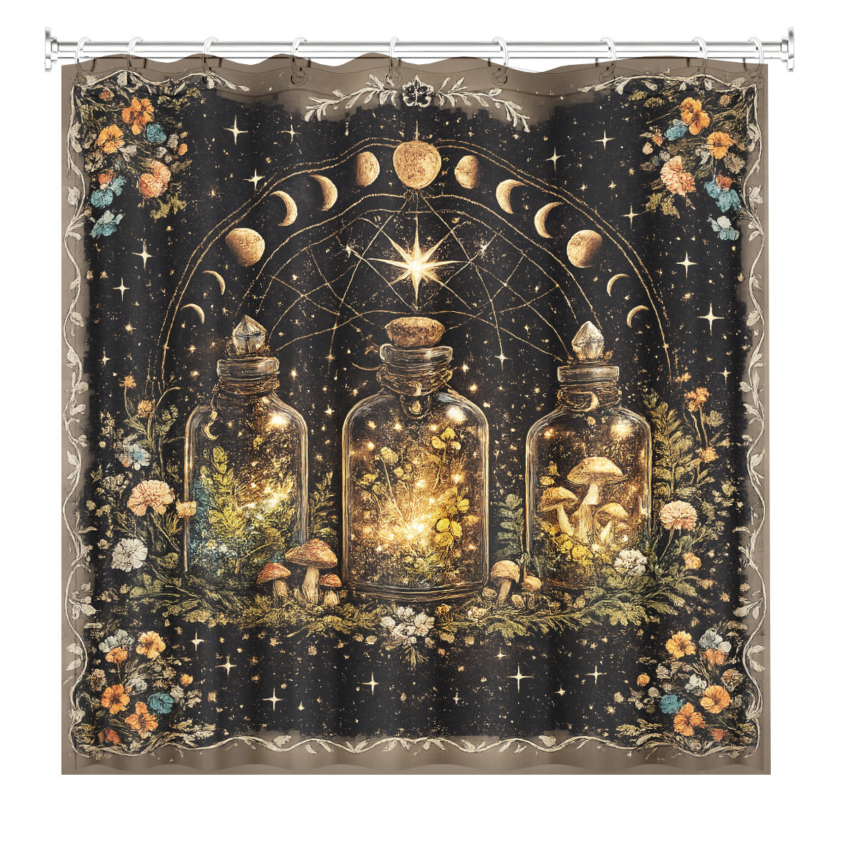Vintage Etched Celestial Shower Curtain Mystical Botanical Waterproof Home Decor