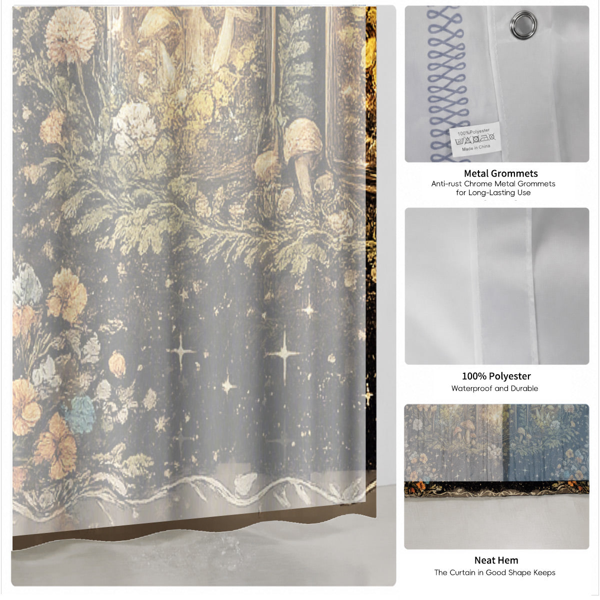 Vintage Etched Celestial Shower Curtain Mystical Botanical Waterproof Home Decor