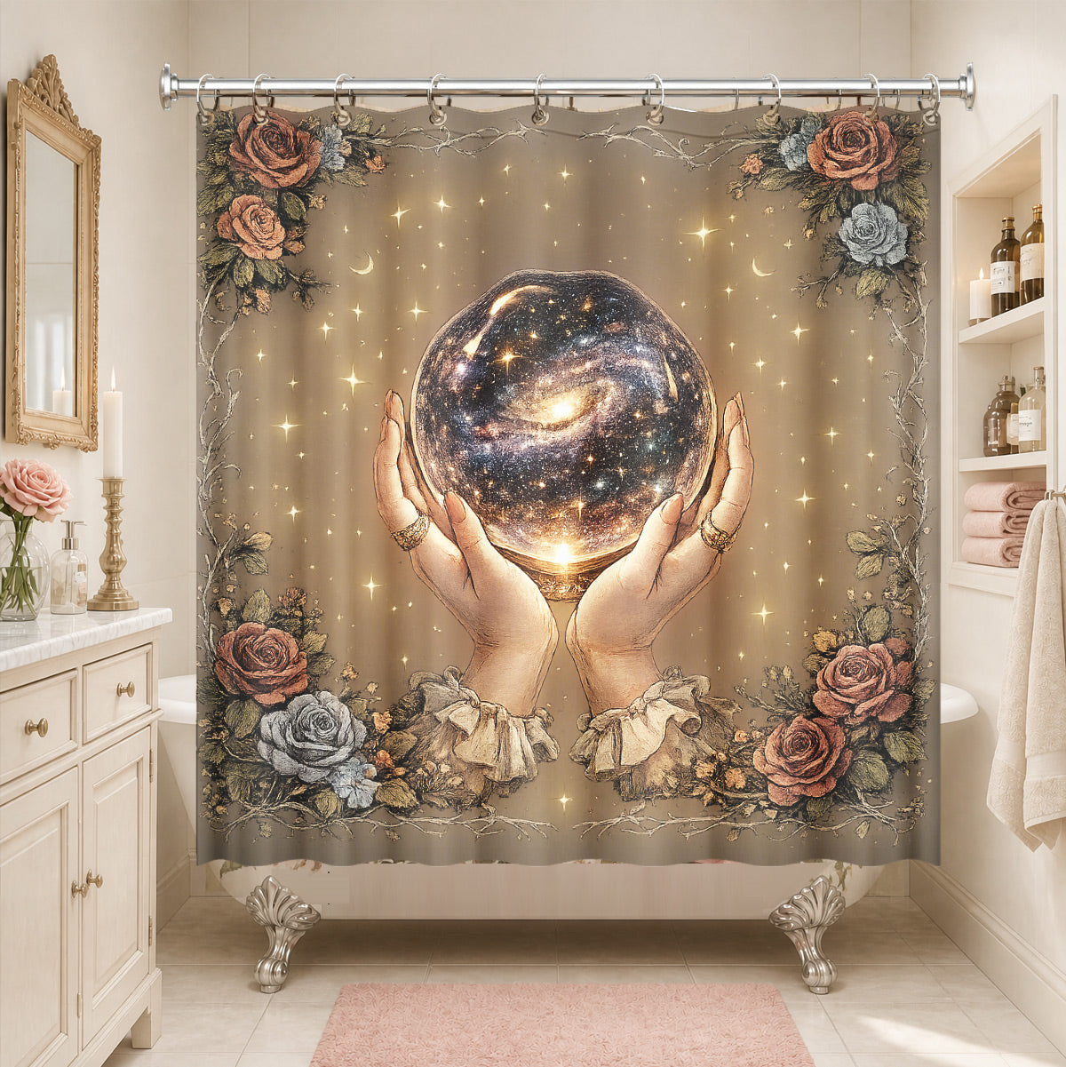 Vintage Etched Celestial Shower Curtain Mystical Botanical Waterproof Home Decor