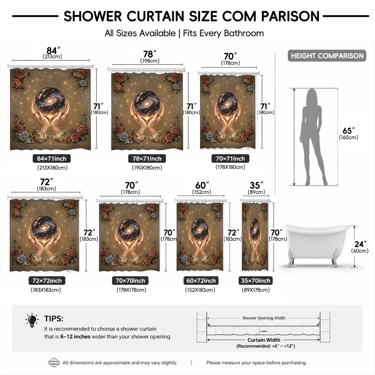 Vintage Etched Celestial Shower Curtain Mystical Botanical Waterproof Home Decor