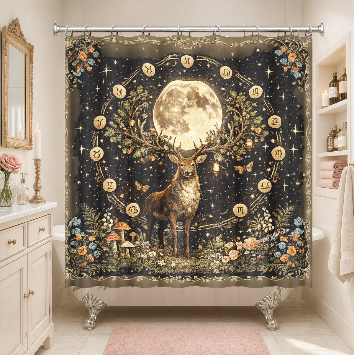 Vintage Etched Celestial Shower Curtain Mystical Botanical Waterproof Home Decor