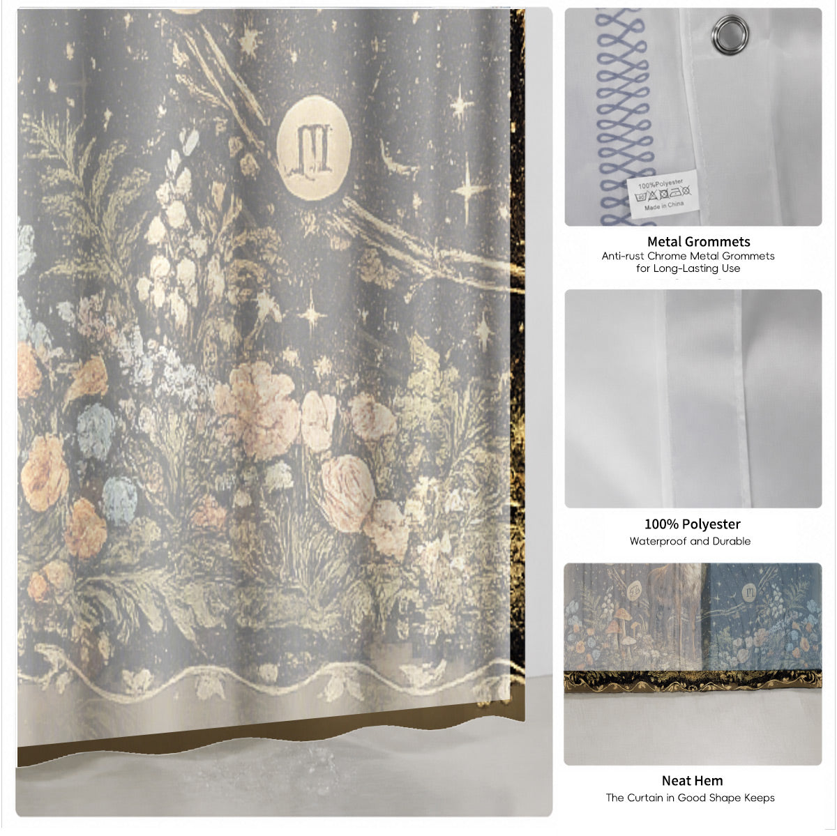 Vintage Etched Celestial Shower Curtain Mystical Botanical Waterproof Home Decor