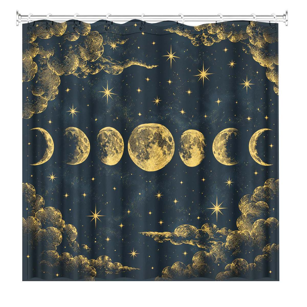 Celestial Moon Phase Shower Curtain Vintage Gold Astrology Waterproof Decor