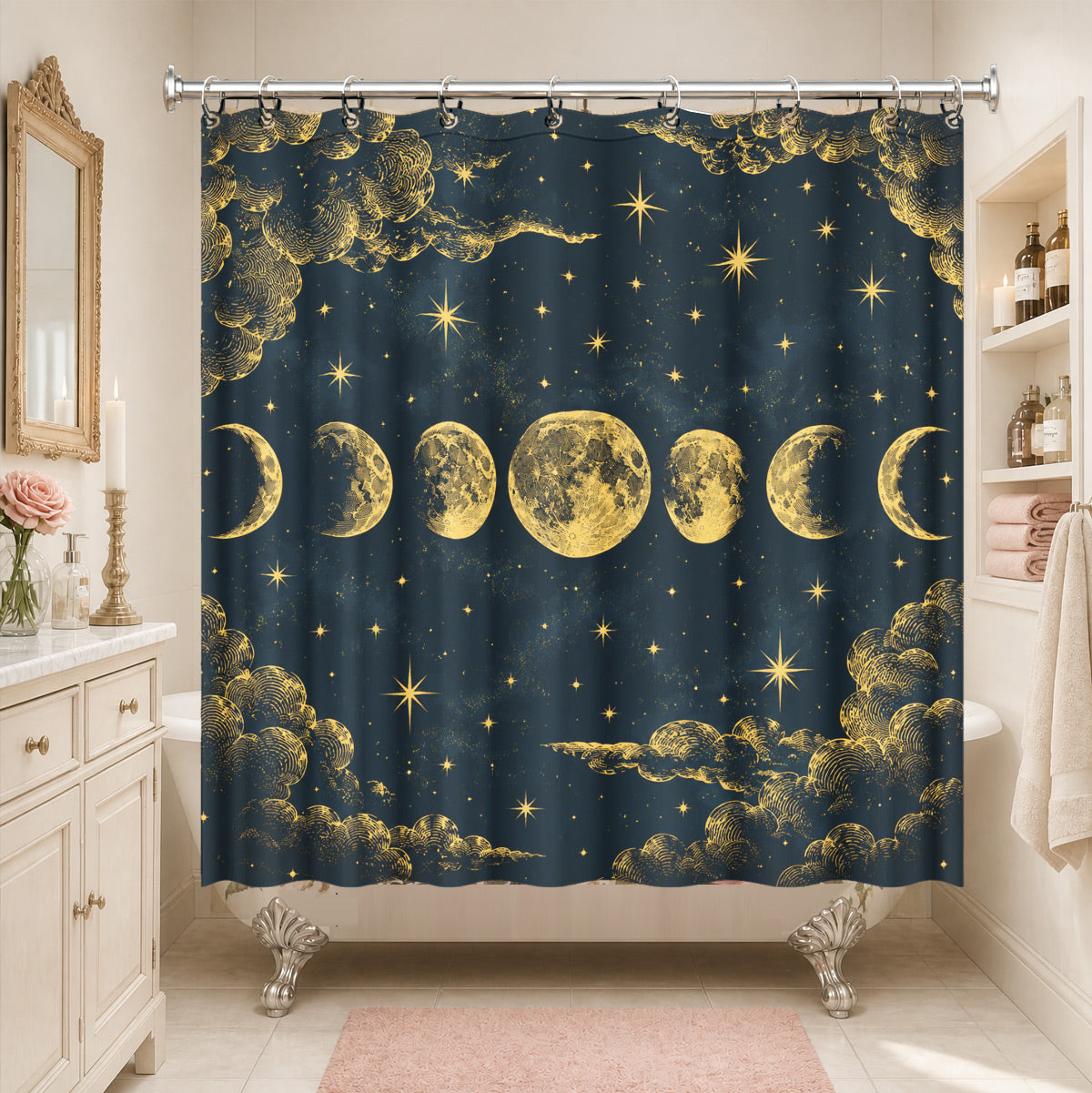 Celestial Moon Phase Shower Curtain Vintage Gold Astrology Waterproof Decor