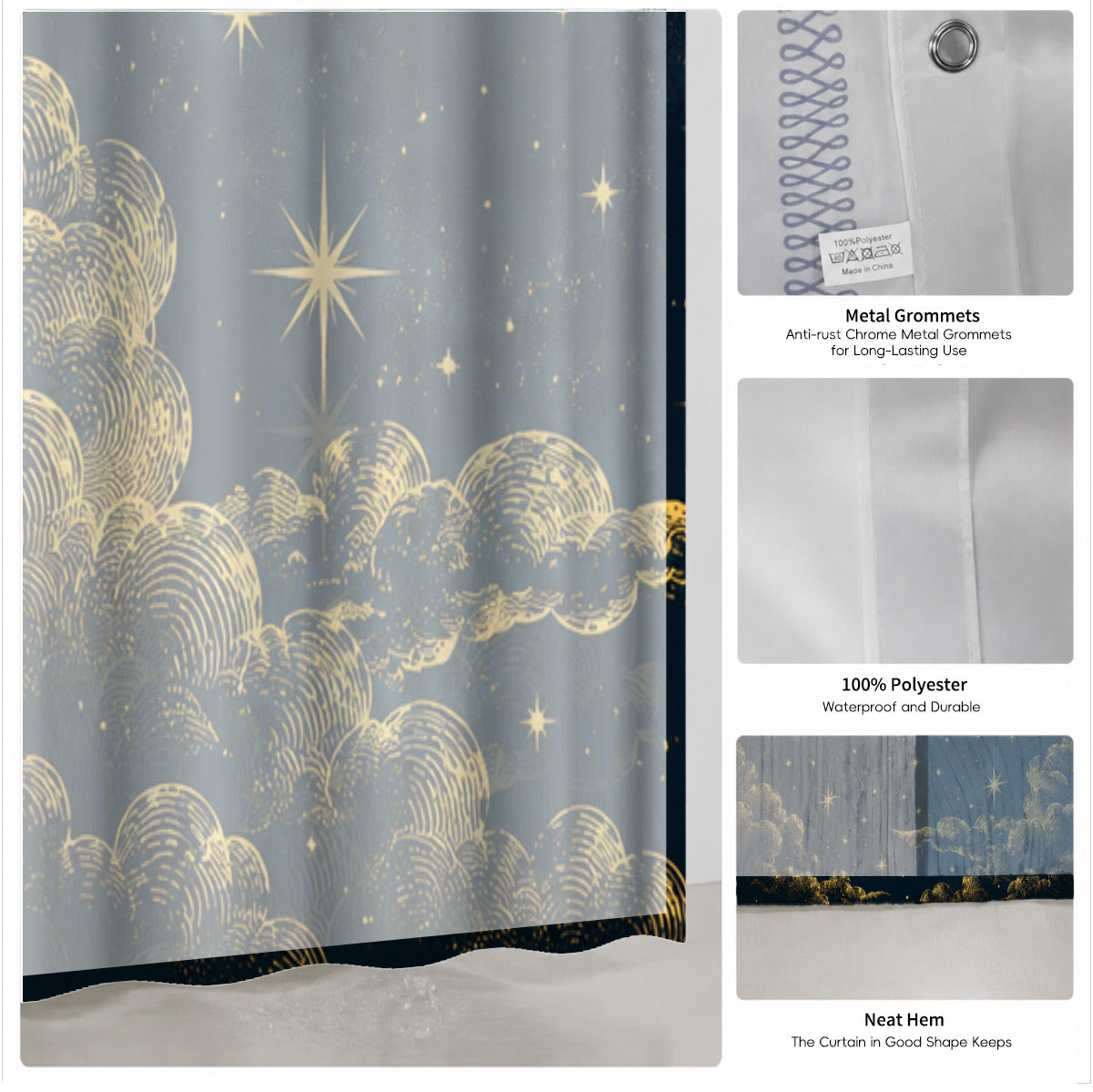 Celestial Moon Phase Shower Curtain Vintage Gold Astrology Waterproof Decor