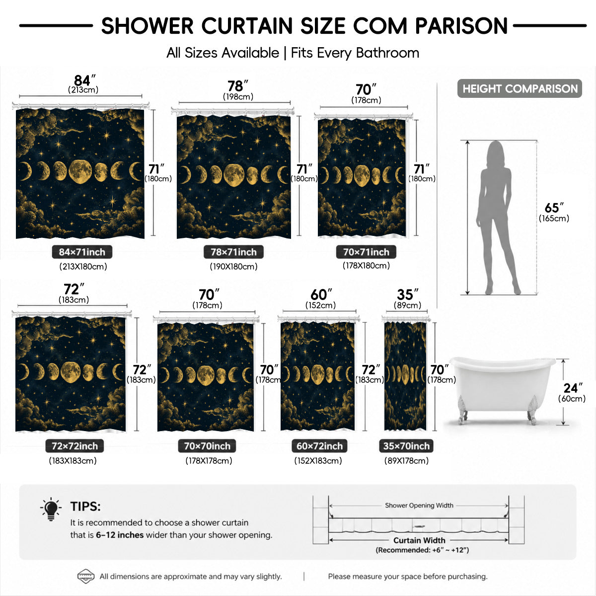 Celestial Moon Phase Shower Curtain Vintage Gold Astrology Waterproof Decor