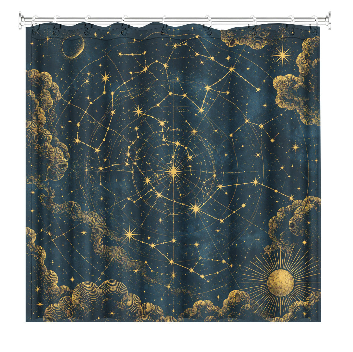 Celestial Moon Phase Shower Curtain Vintage Gold Astrology Waterproof Decor