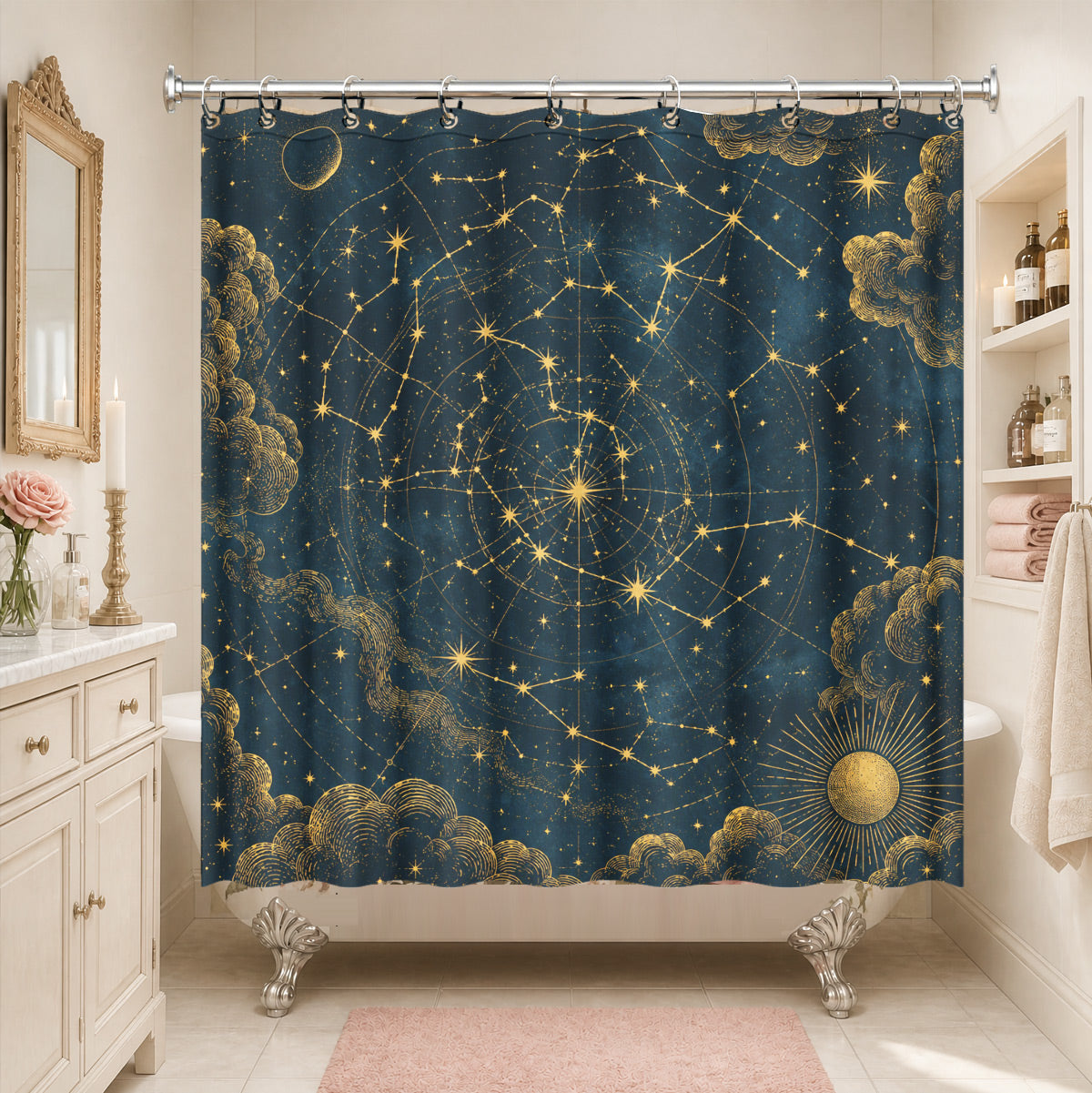 Celestial Moon Phase Shower Curtain Vintage Gold Astrology Waterproof Decor