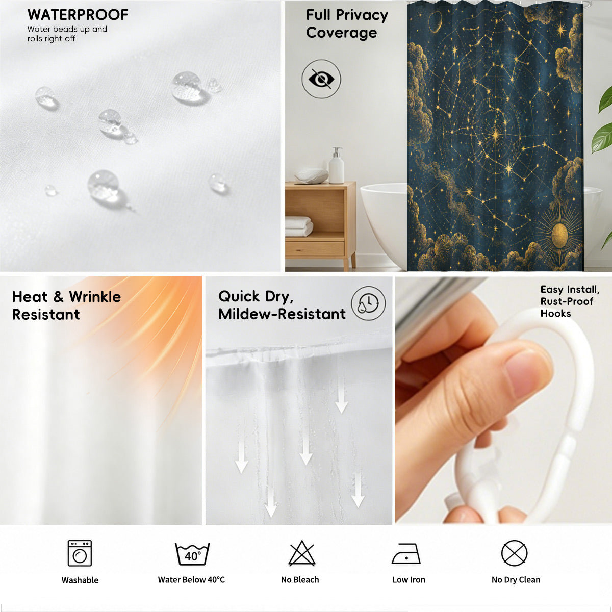 Celestial Moon Phase Shower Curtain Vintage Gold Astrology Waterproof Decor