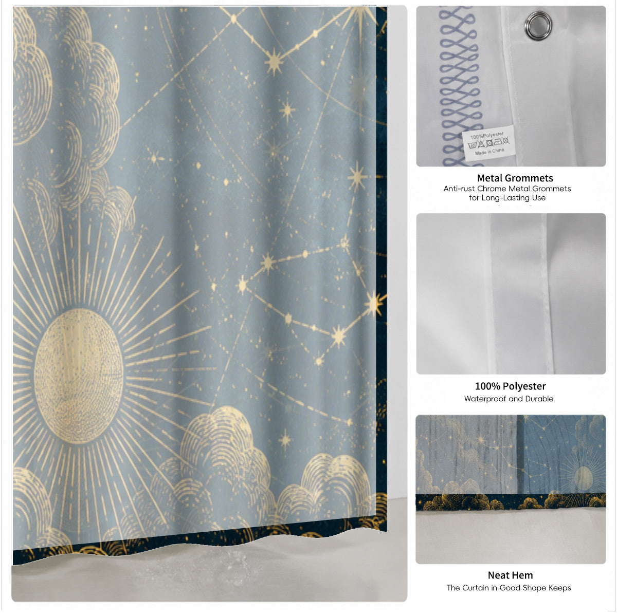 Celestial Moon Phase Shower Curtain Vintage Gold Astrology Waterproof Decor
