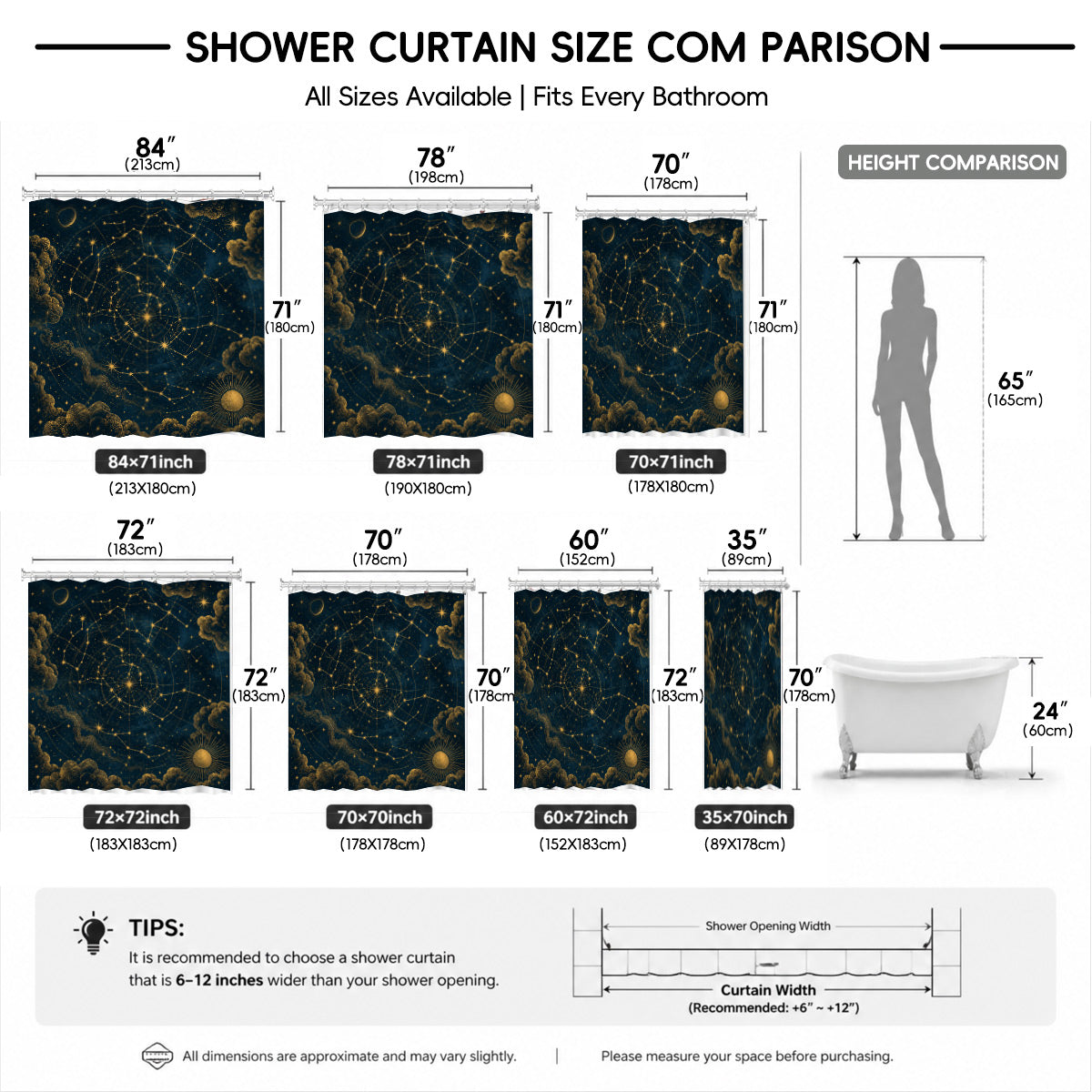 Celestial Moon Phase Shower Curtain Vintage Gold Astrology Waterproof Decor