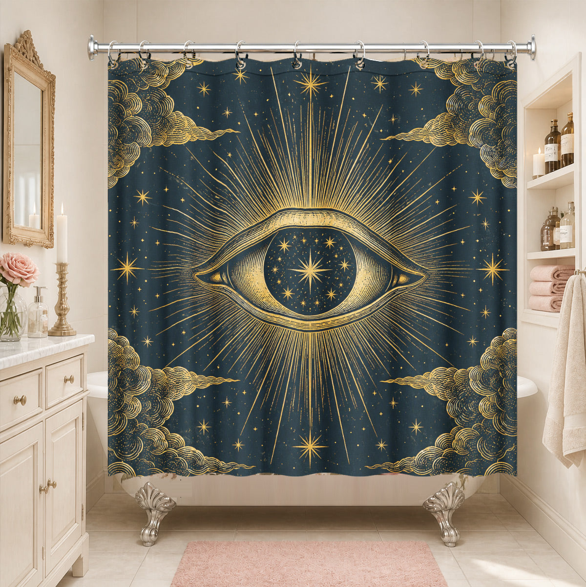 Celestial Moon Phase Shower Curtain Vintage Gold Astrology Waterproof Decor
