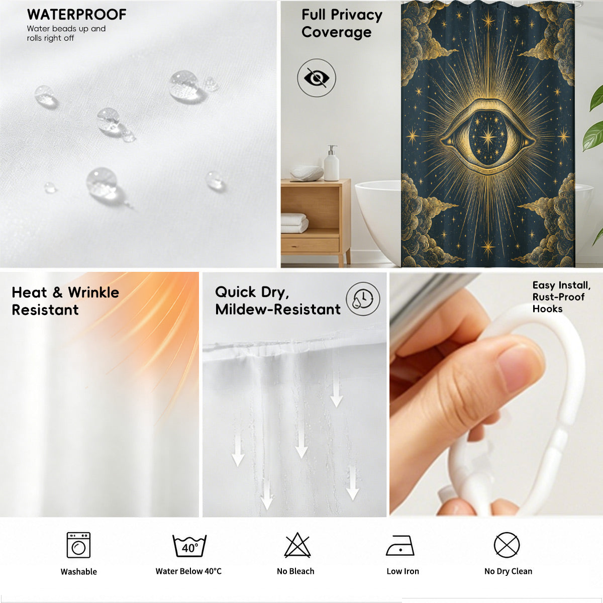 Celestial Moon Phase Shower Curtain Vintage Gold Astrology Waterproof Decor
