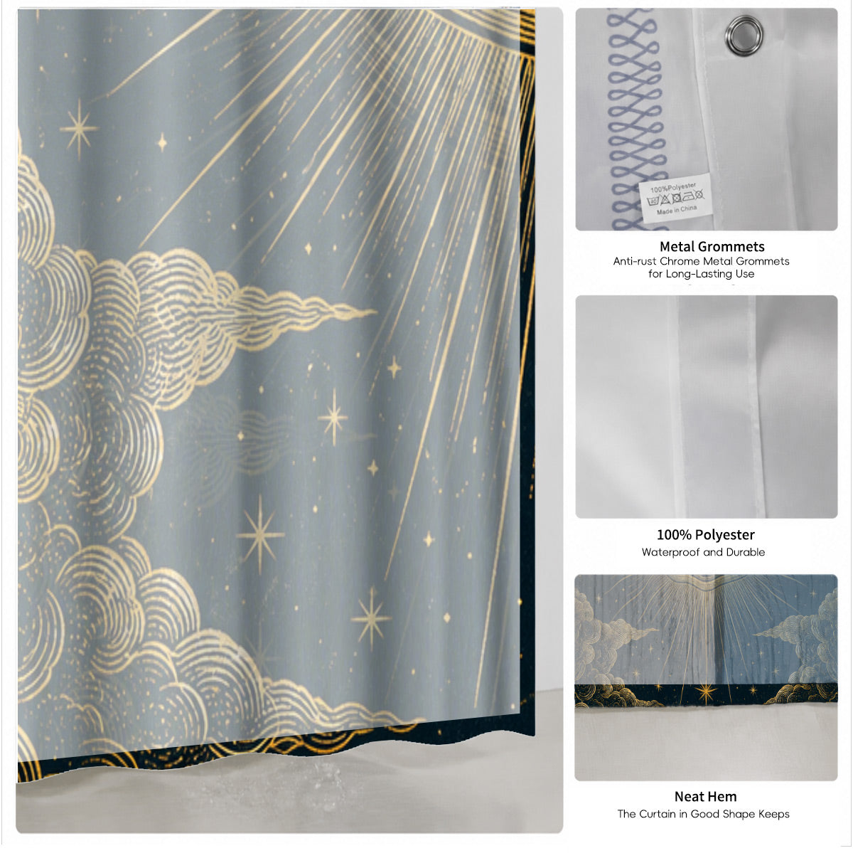 Celestial Moon Phase Shower Curtain Vintage Gold Astrology Waterproof Decor
