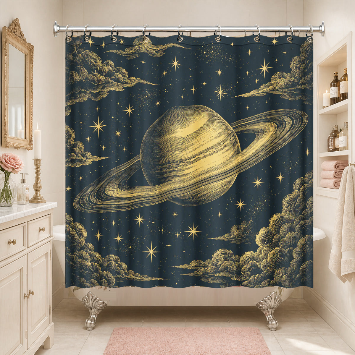 Celestial Moon Phase Shower Curtain Vintage Gold Astrology Waterproof Decor