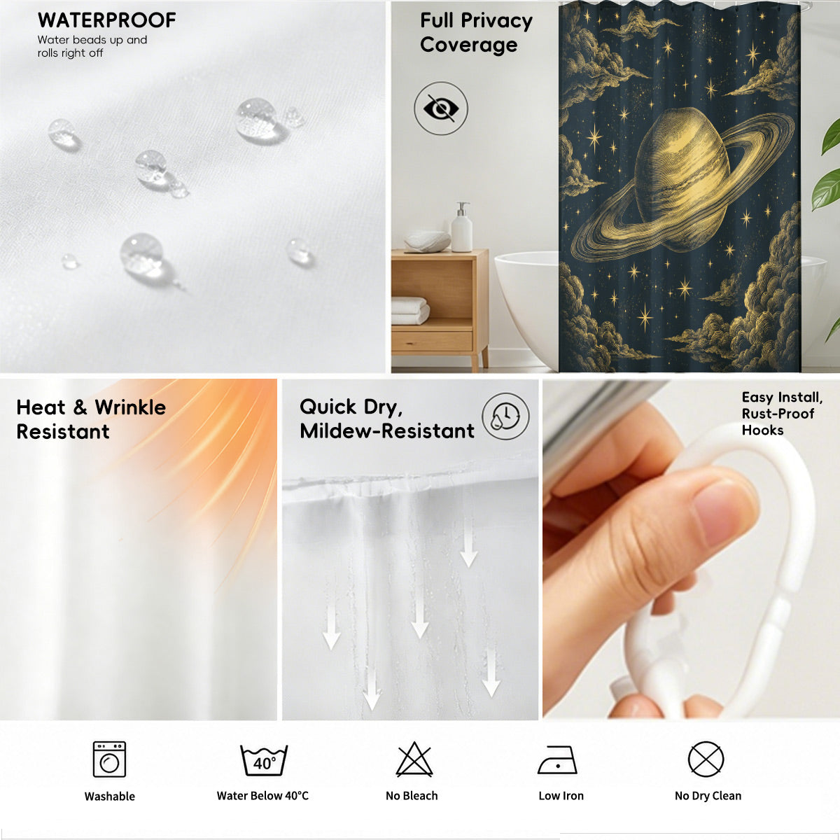 Celestial Moon Phase Shower Curtain Vintage Gold Astrology Waterproof Decor