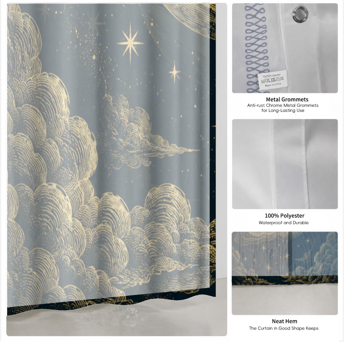 Celestial Moon Phase Shower Curtain Vintage Gold Astrology Waterproof Decor