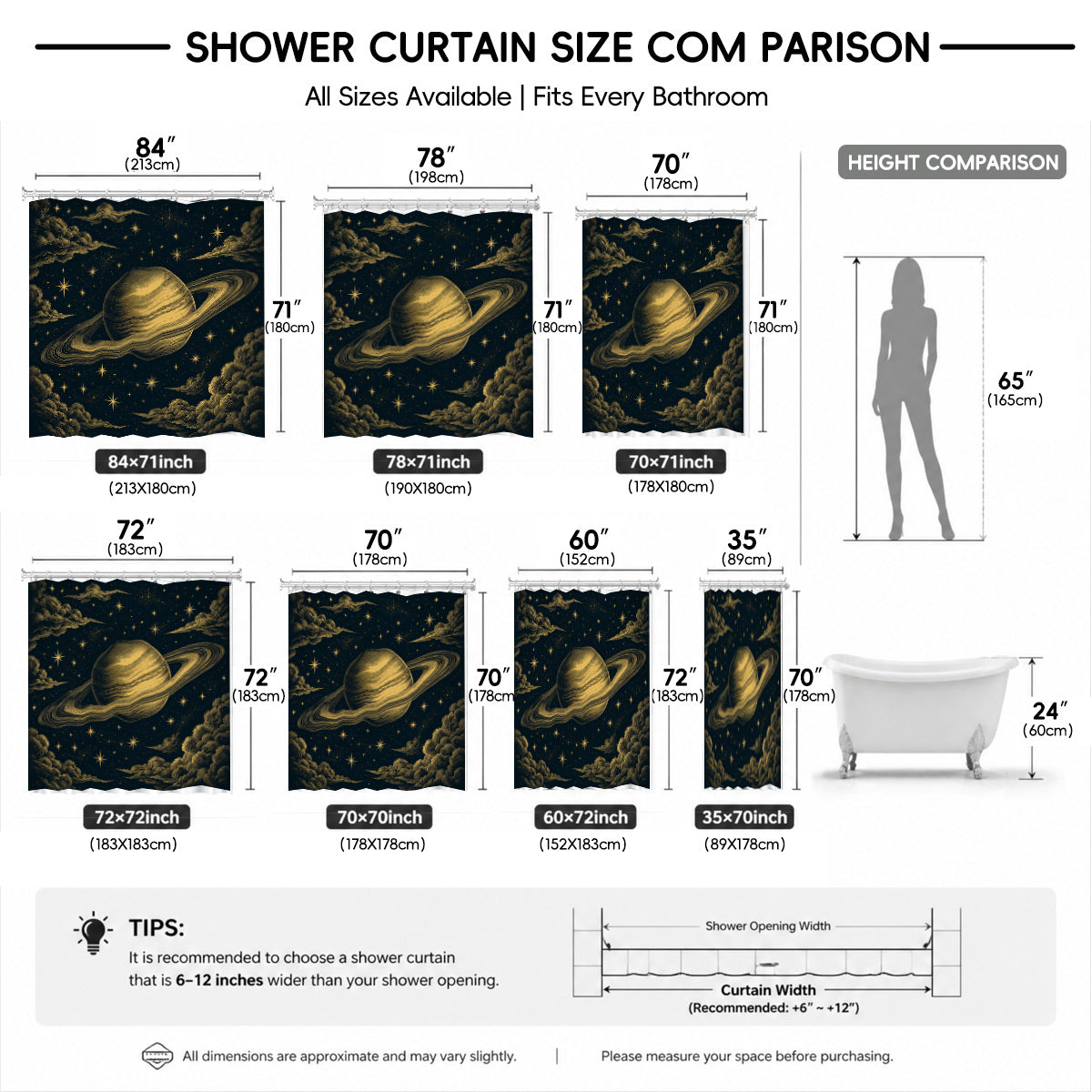 Celestial Moon Phase Shower Curtain Vintage Gold Astrology Waterproof Decor