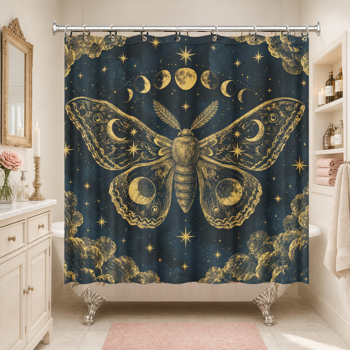Celestial Moon Phase Shower Curtain Vintage Gold Astrology Waterproof Decor