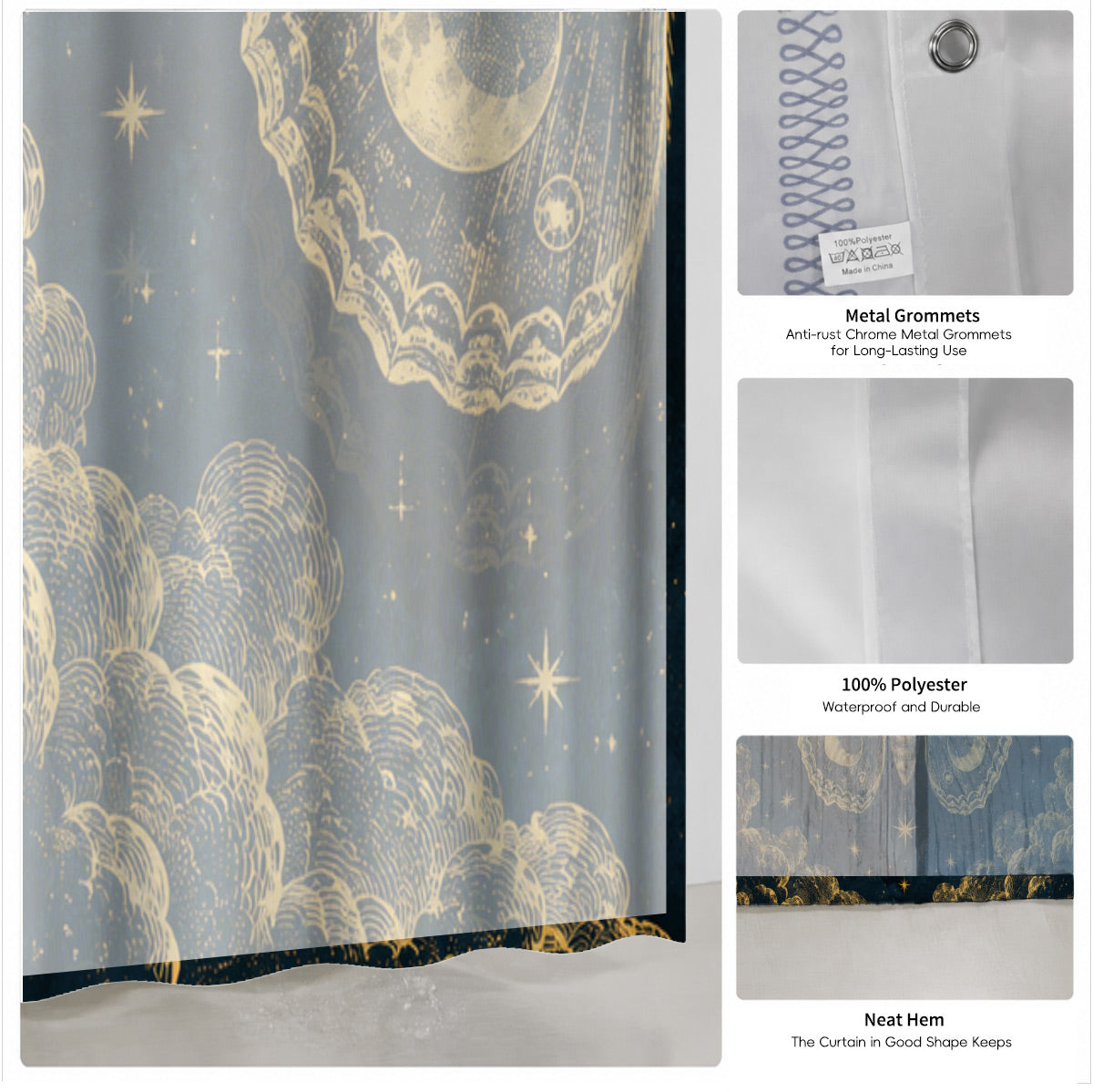 Celestial Moon Phase Shower Curtain Vintage Gold Astrology Waterproof Decor