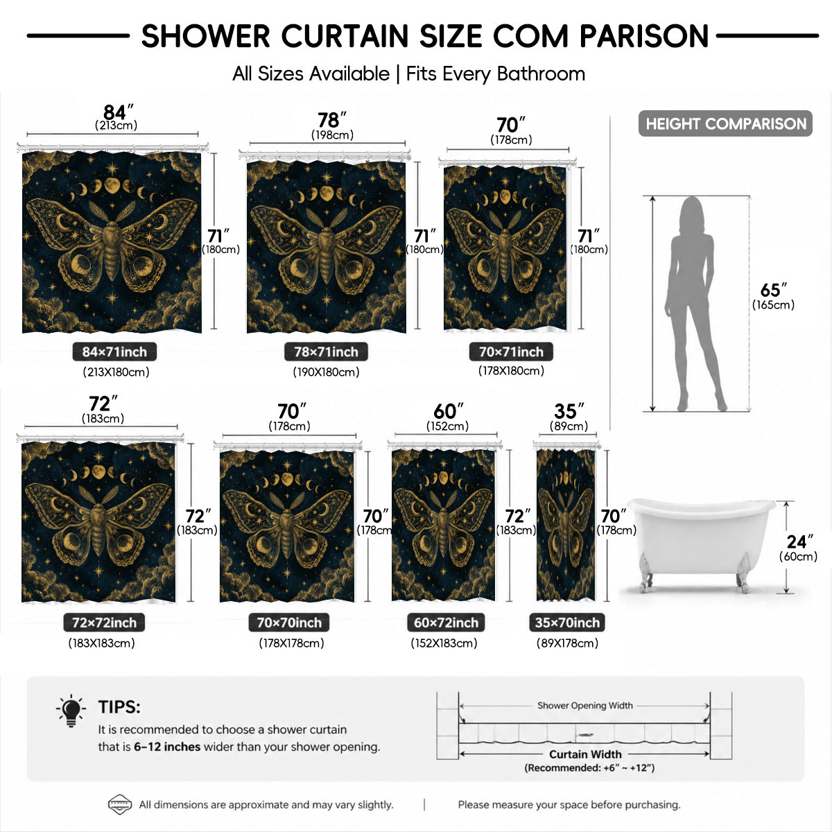 Celestial Moon Phase Shower Curtain Vintage Gold Astrology Waterproof Decor