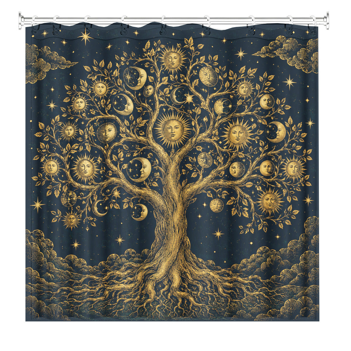 Celestial Moon Phase Shower Curtain Vintage Gold Astrology Waterproof Decor