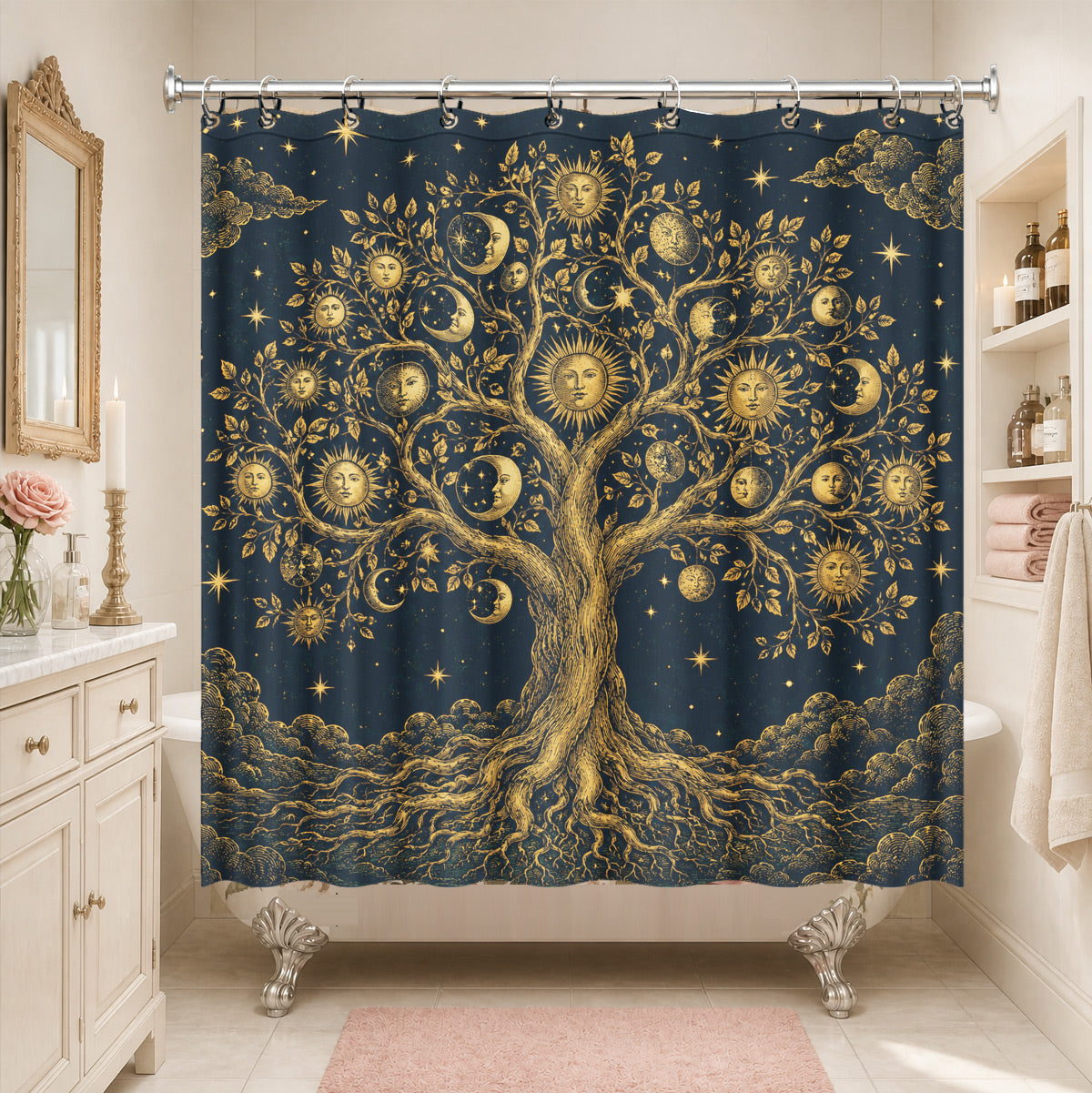 Celestial Moon Phase Shower Curtain Vintage Gold Astrology Waterproof Decor